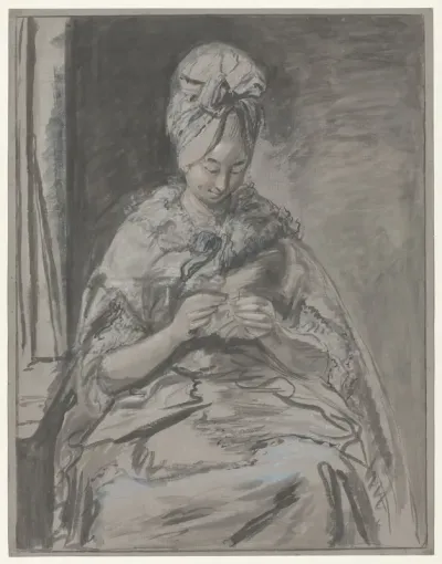 Zittende dame met hoge pruik