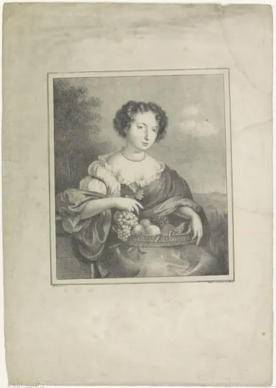 Zittende dame met mand met vruchten