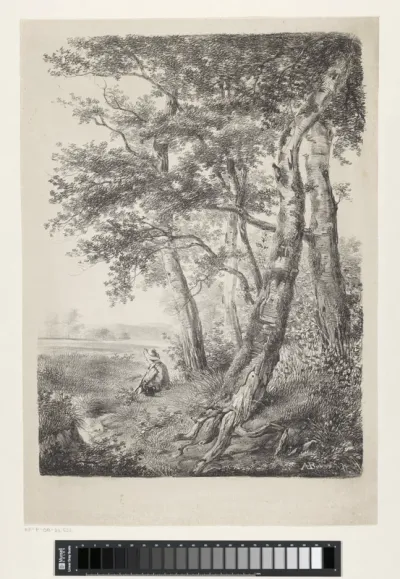 Zittende figuur in landschap met bomen