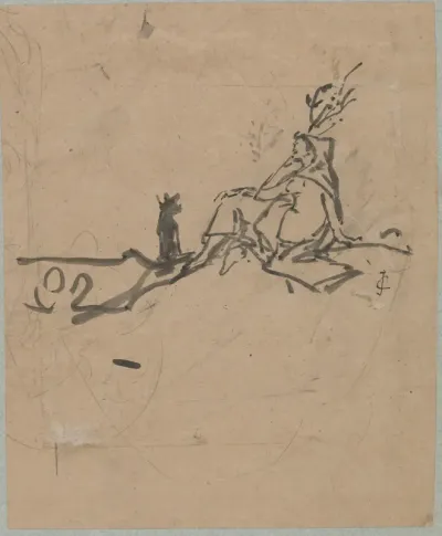 Zittende figuur met hond bij boom (op vaaslichaam?)