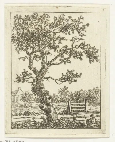 Zittende figuur onder een boom bij een hek