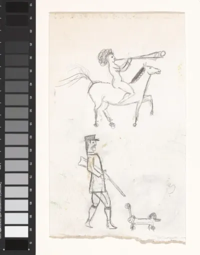 Zittende figuur te paard met trompet en man met geweer en hond