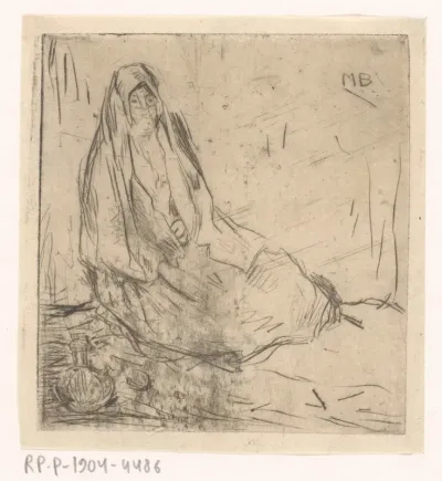 Zittende, gesluierde vrouw