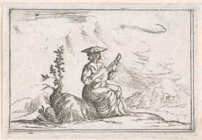 Zittende gitaar spelende vrouw in een landschap