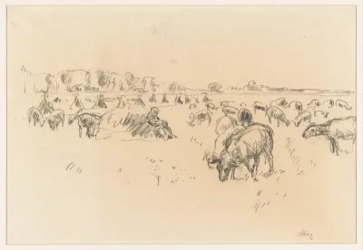 Zittende herder in een veld met grazende schapen