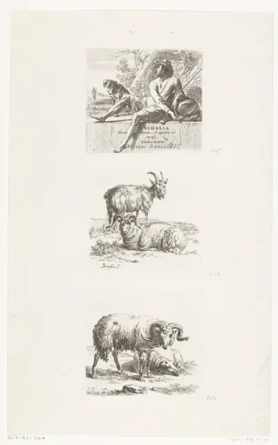 Zittende herder met hond, ram, geit en schaap