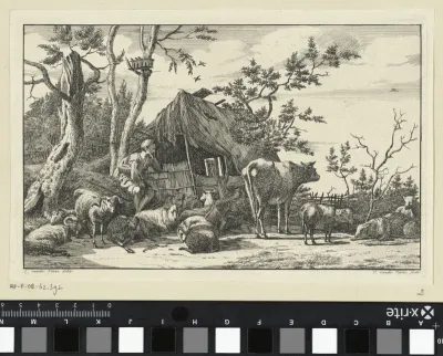 Zittende herder met vee voor een vervallen schuur