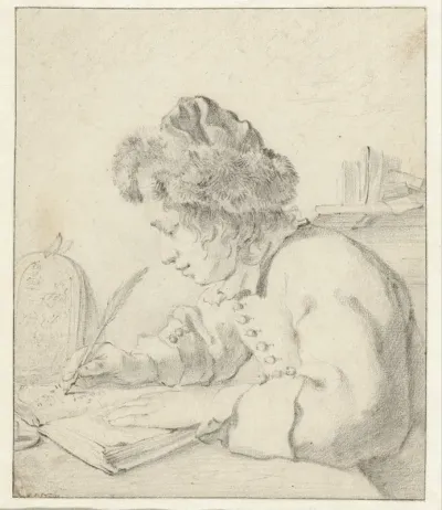 Zittende jonge man met bontmuts, schrijvend in een boek