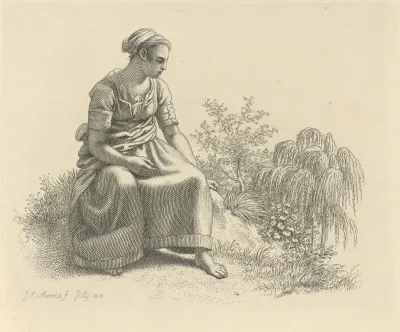 Zittende jonge vrouw in een landscahp