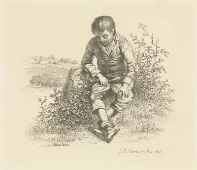 Zittende jongen in een landschap