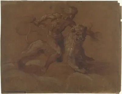 Zittende Jupiter op een leeuw, op wolken