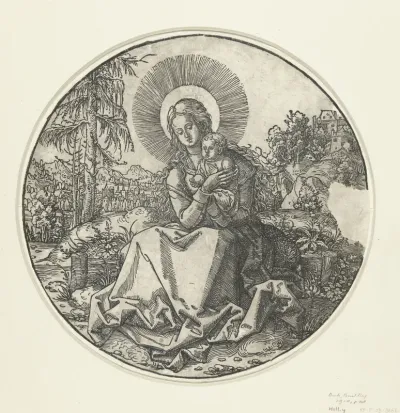 Zittende Madonna met kind in een landschap