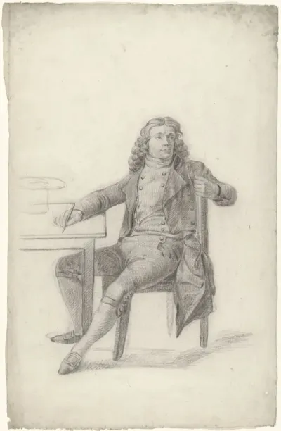 Zittende man aan tafel met stift in rechterhand, omziende