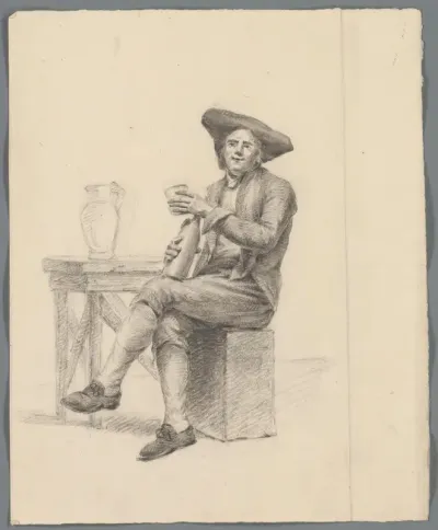 Zittende man met een fles en glas