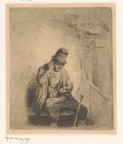 Zittende man met munt in de hand
