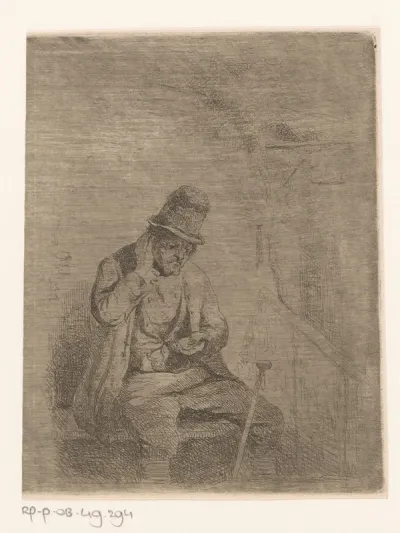 Zittende man met munt in de hand