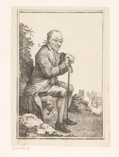 Zittende man met wandelstok in een landschap