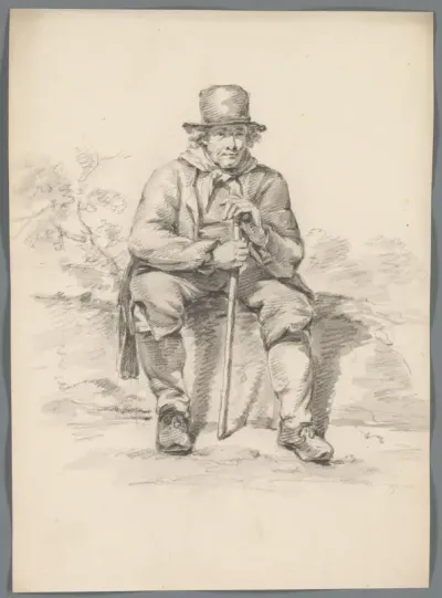 Zittende man met wandelstok