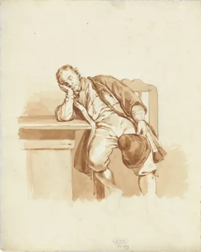 Zittende man, slapend aan een tafel