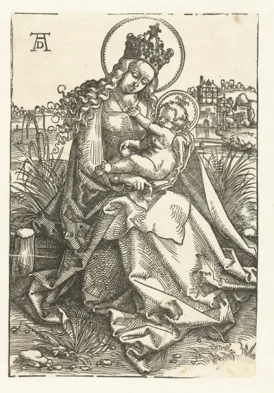 Zittende Maria met kind in landschap