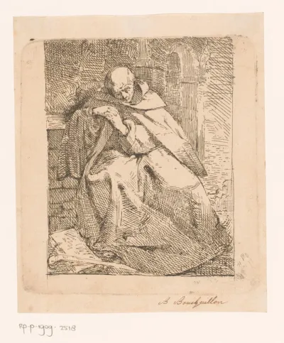 Zittende monnik met boek en staf