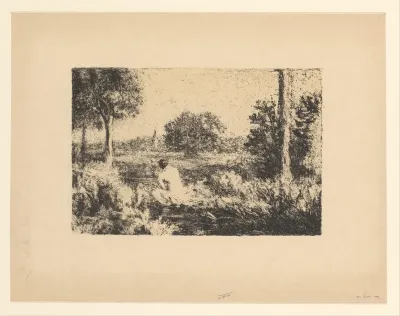 Zittende naakte vrouw in landschap