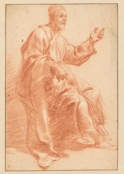 Zittende oude man met opgeheven linkerhand