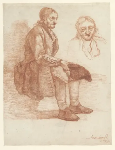 Zittende oude man, naar rechts, het hoofd herhaald