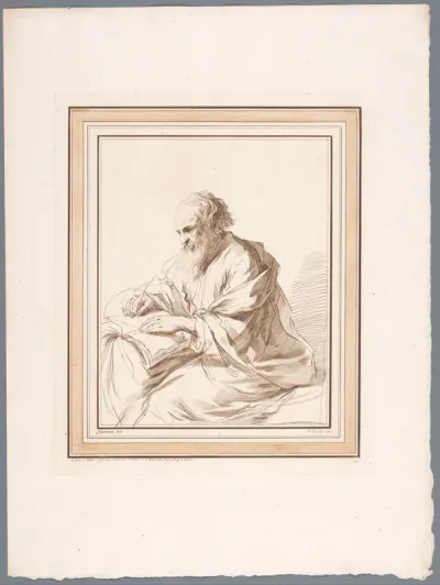 Zittende oude man, schrijvend in een boek