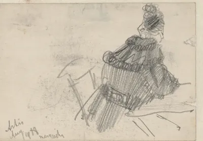 Zittende oude vrouw aan een tafel te Artis, op de rug gezien