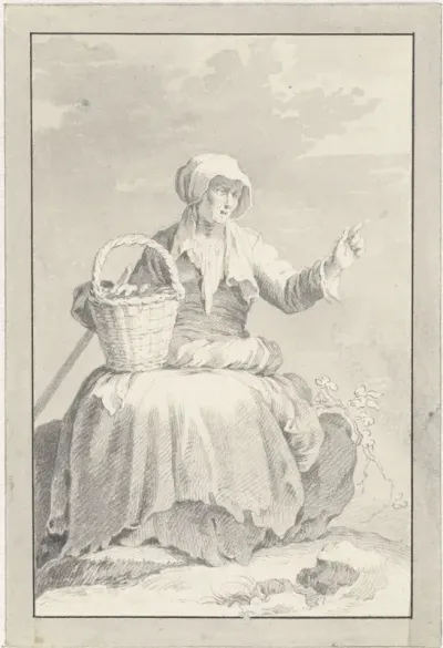 Zittende oude vrouw met geheven hand