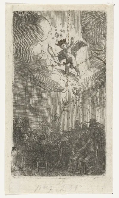 Zittende paren onder Cupido in de wolken