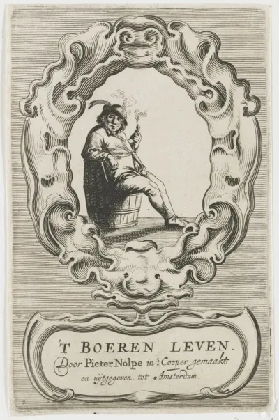 Zittende pijprokende boer