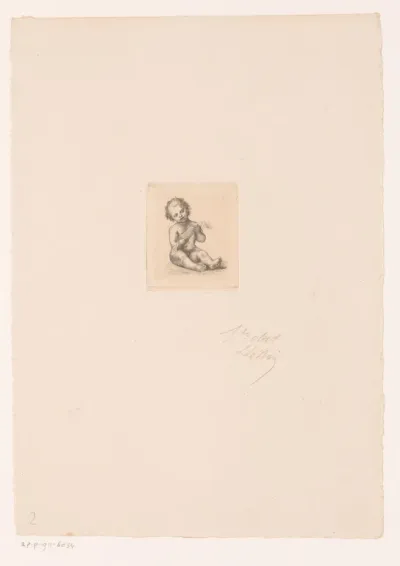 Zittende putto met een blad tekst in de handen