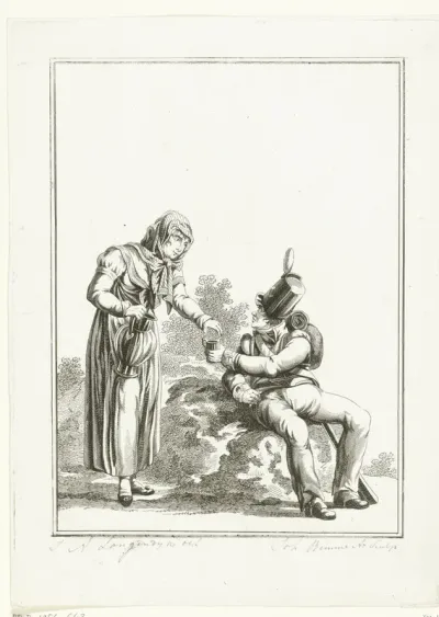 Zittende soldaat en melkmeisje