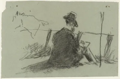 Zittende tekenaar in landschap