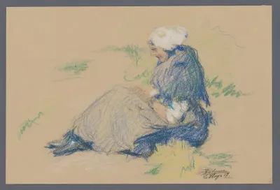 Zittende vissersvrouw in de duinen