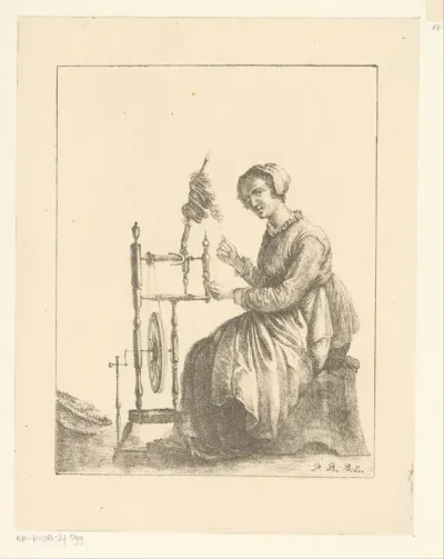 Zittende vrouw bij spinnewiel