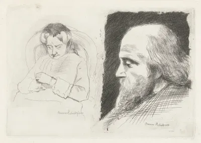 Zittende vrouw en portret van een man