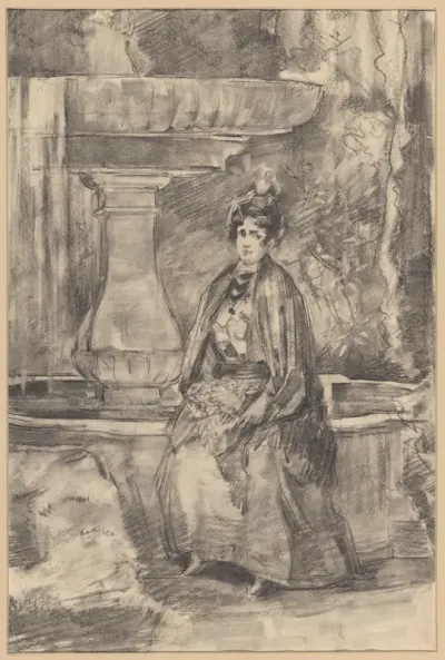 Zittende vrouw in het Hof van de Sultan in het Alhambra te Granada