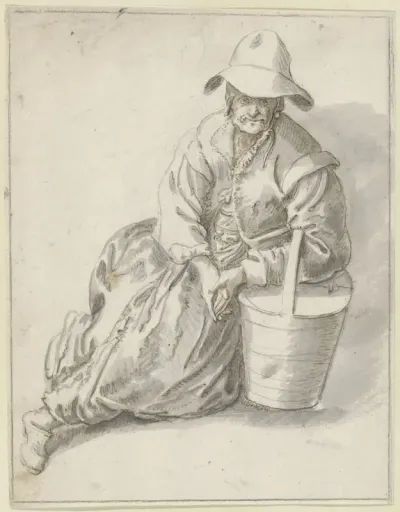 Zittende vrouw, leunend op een mand