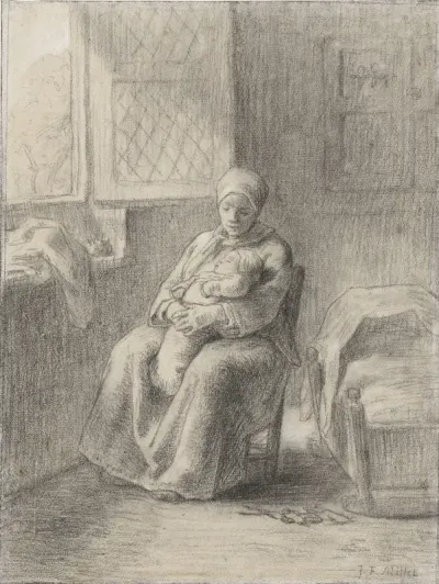 Zittende vrouw met baby bij een open raam — Jean François Millet Kanvas Tablo
