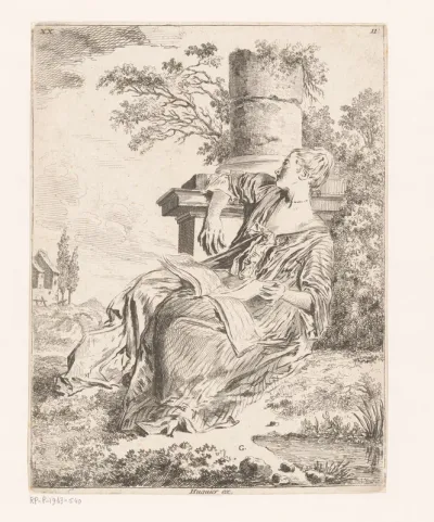 Zittende vrouw met boek in een landschap