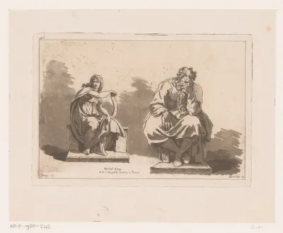 Zittende vrouw met boekrol en zittende man met baard, beiden gekleed in klassieke gewaden