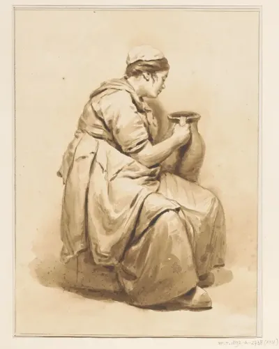 Zittende vrouw met kan in de hand