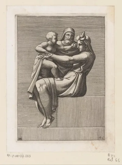 Zittende vrouw met kind en oude man
