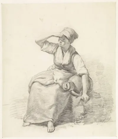 Zittende vrouw met melkbus