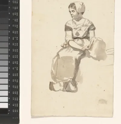 Zittende vrouw met muts en klompen