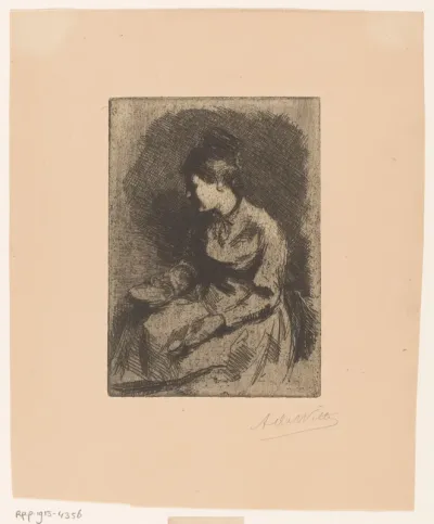 Zittende vrouw met nap in de hand