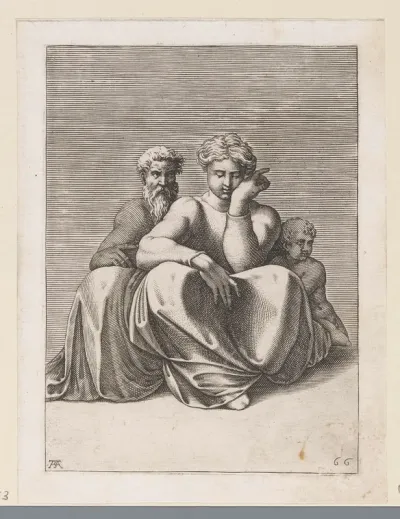 Zittende vrouw met oude man en kind
